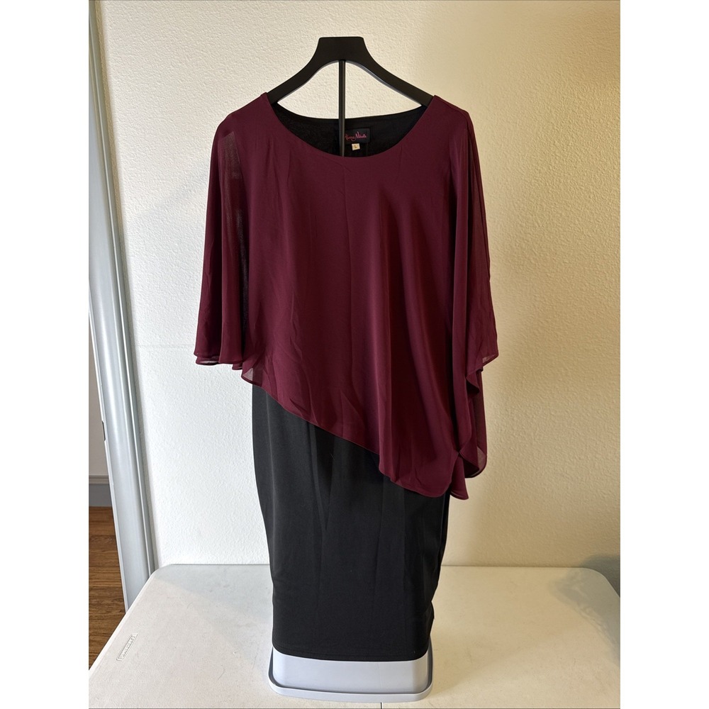 Hanna Nikole Women's Chiffon Layered Dress Maroon & Black Size L New